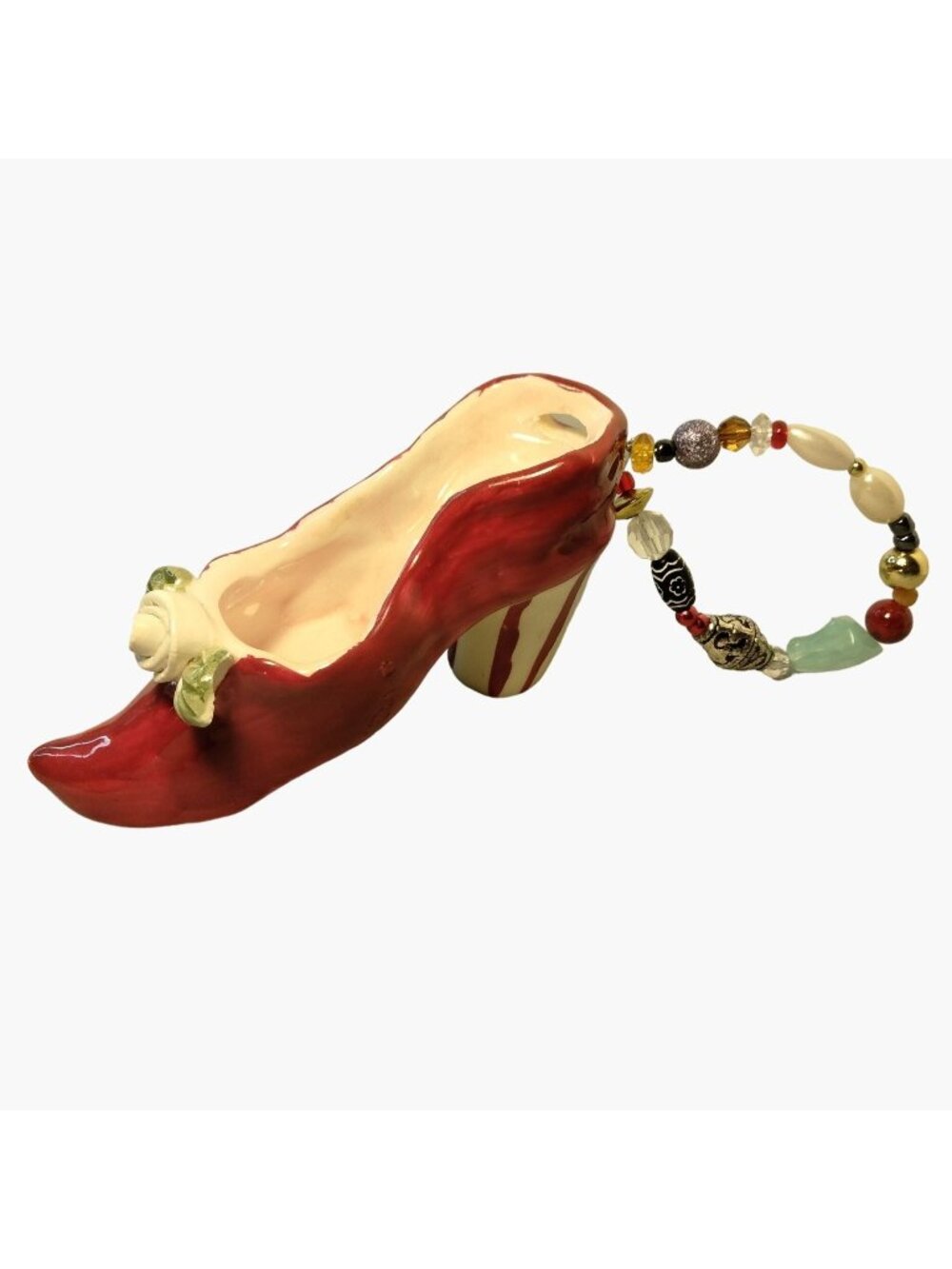 Beaded High Heal Shoe Ornament Red White Ceramic Handcrafted Vintage